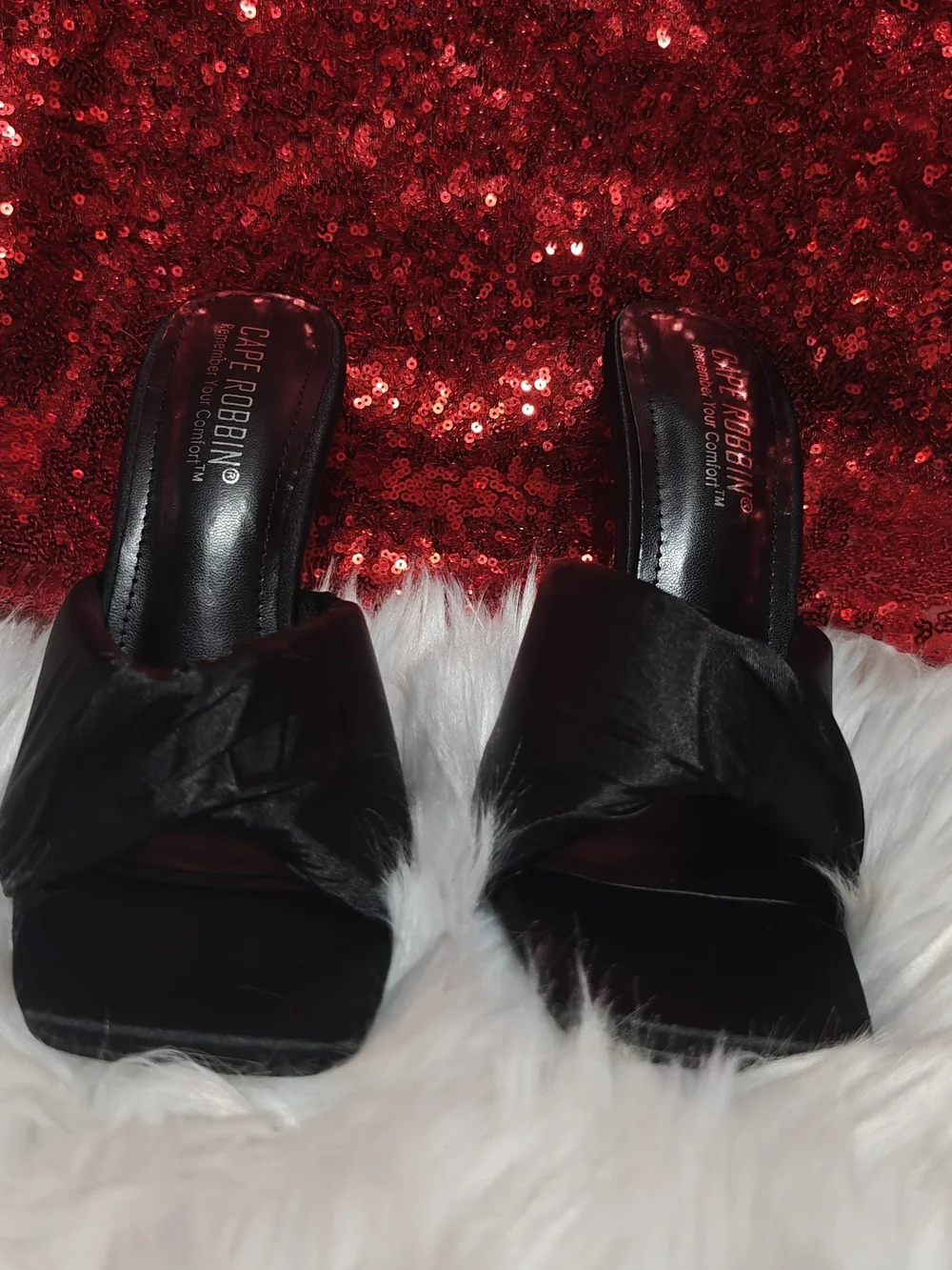 Cape Robbin Black Satin Knot Mule Heels with Gold Stiletto